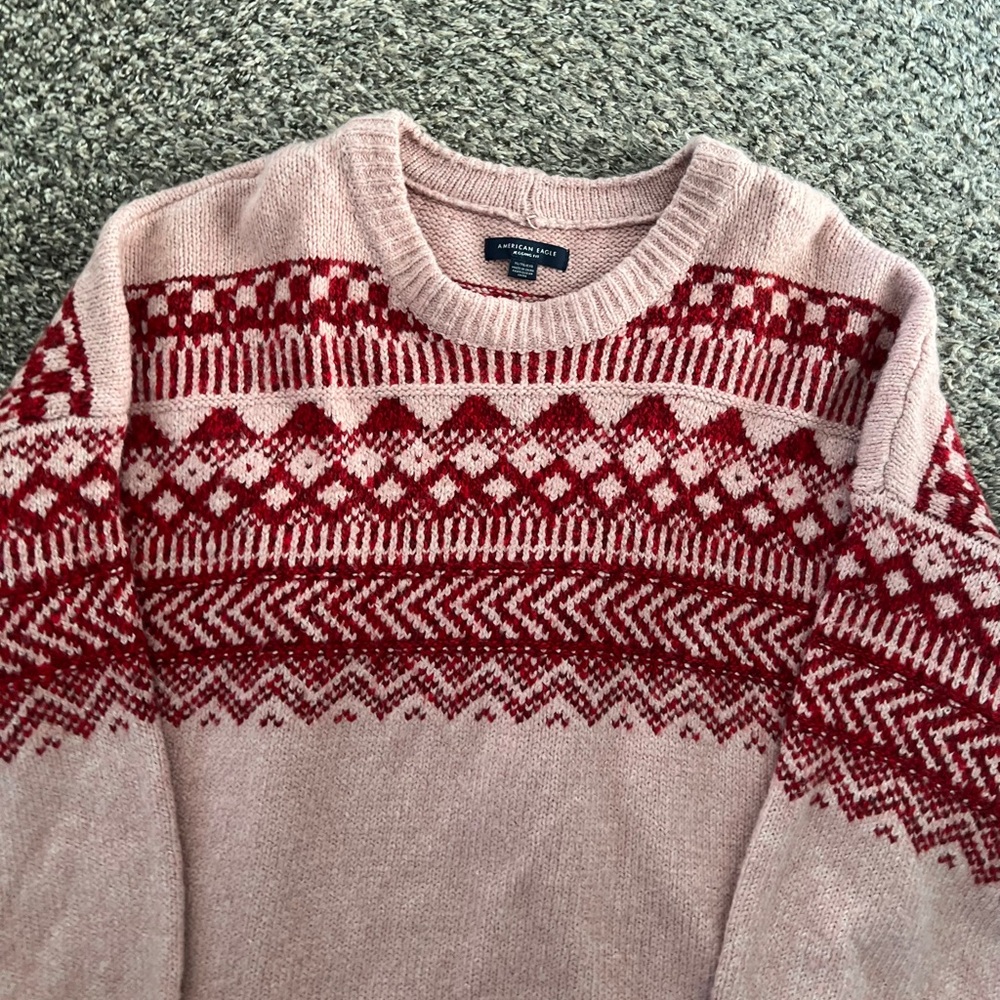American Eagle Outfitters Pink Crewneck Sweater with Red Fair Isle Pattern XL - Picture 2 of 4